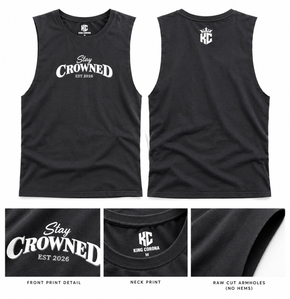 KC Stay Crowned Script Gym Tank — Black, front and back